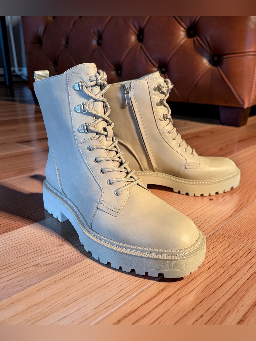 Sam Edelman NWT LUE Pebble Gray Leather Lace-Up Combat Boots (SH480)